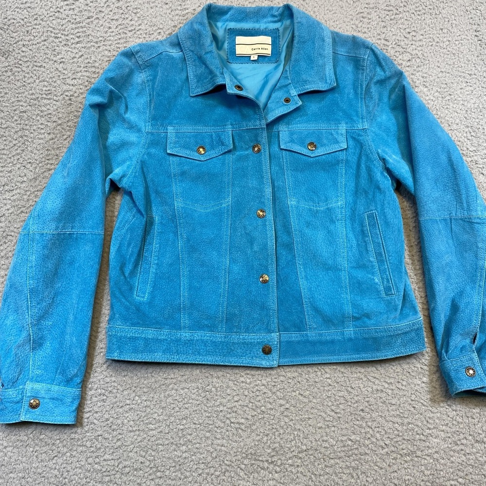 Carrie Allen Jacket Womens L Turquoise Leather Suede Trucker Snap Button Genuine